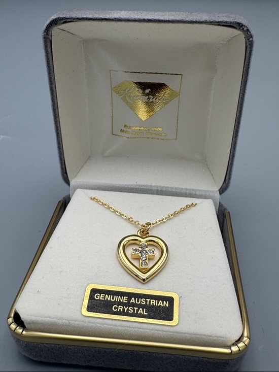 Jewelry - Gold Tone Heart Pendant Necklace with Cross and Austrian Crystals